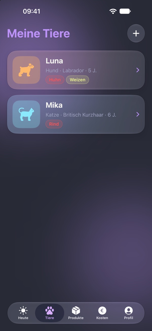 KindredSouls auf dem iPhone: Liste „Meine Tiere“ mit zwei Tieren und ihren Allergien